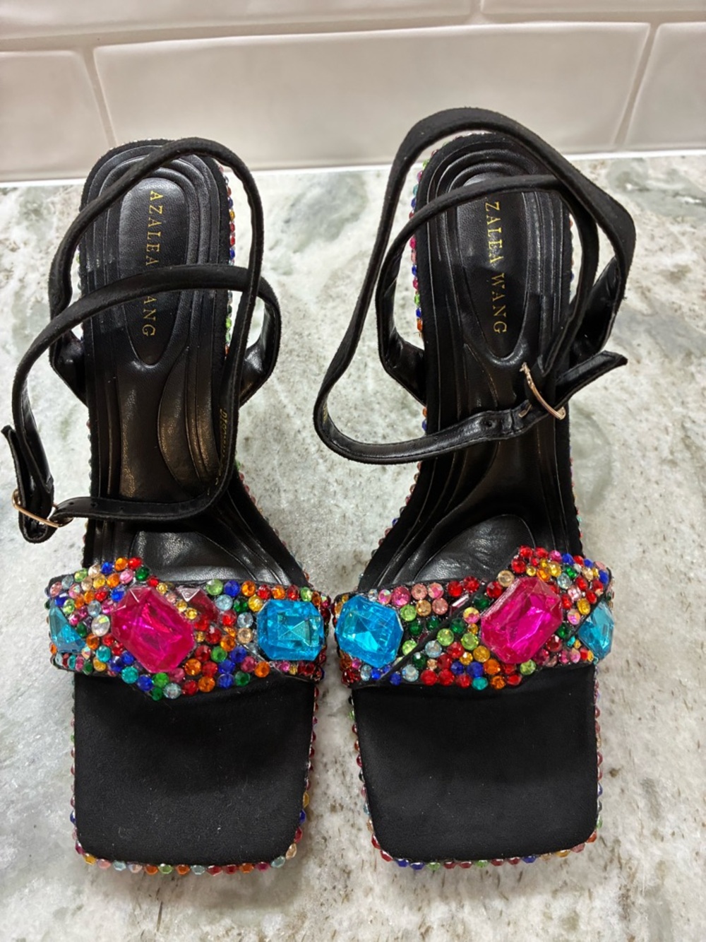 AZALEA WANG Black Jeweled Strappy Heels